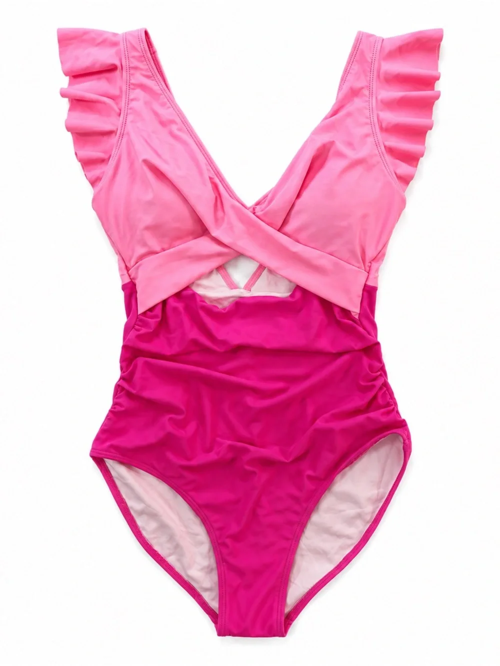 B2PRITY NWT Pink Colorblock Ruffle One Piece Swimsuit M Removable Cups